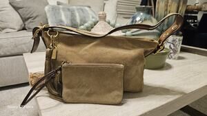 Coach Suede Leather Shoulder Bag Tan Beige Handbag Purse with Matchi Pouch